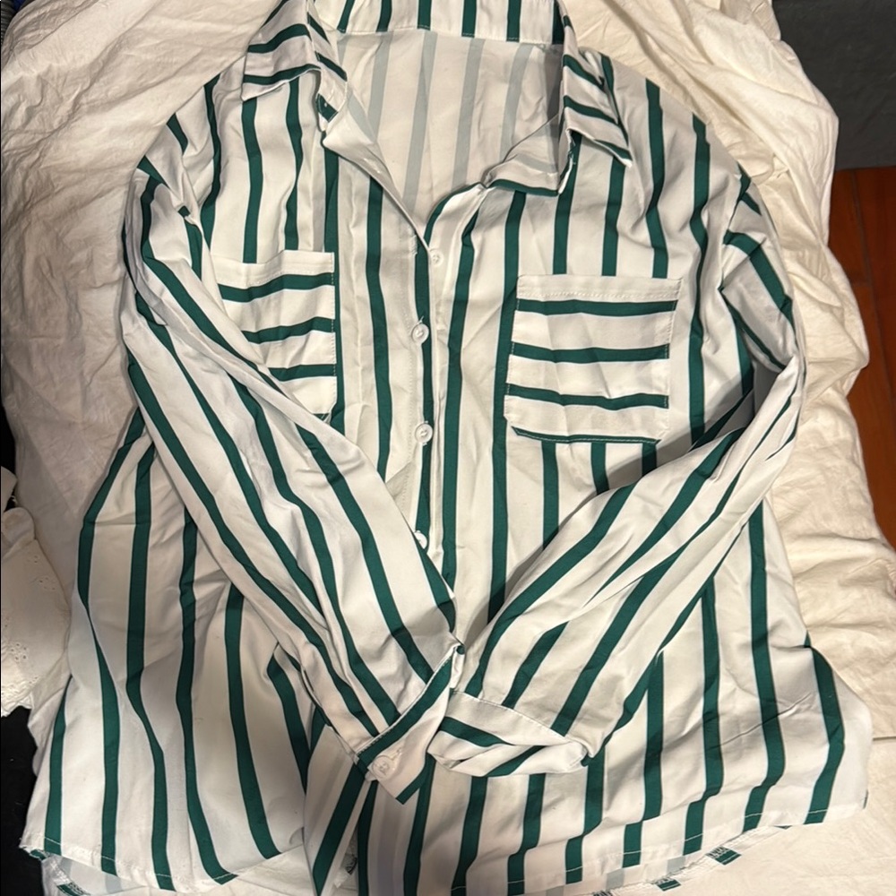Green and White Striped Button-Up Shirt